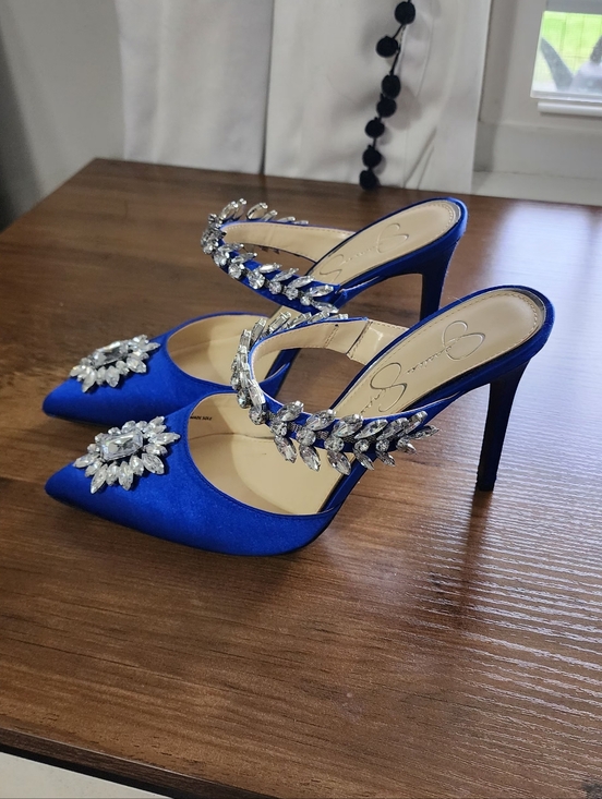 Jessica Simpson Shoes - Jessica Simpson Sapphire Blue Crystal-Embellished Satin Mules